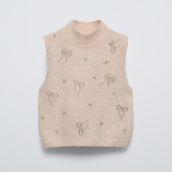 Beige Sleeveless Knit Sweater with Bow Accents - Picture 1 of 1